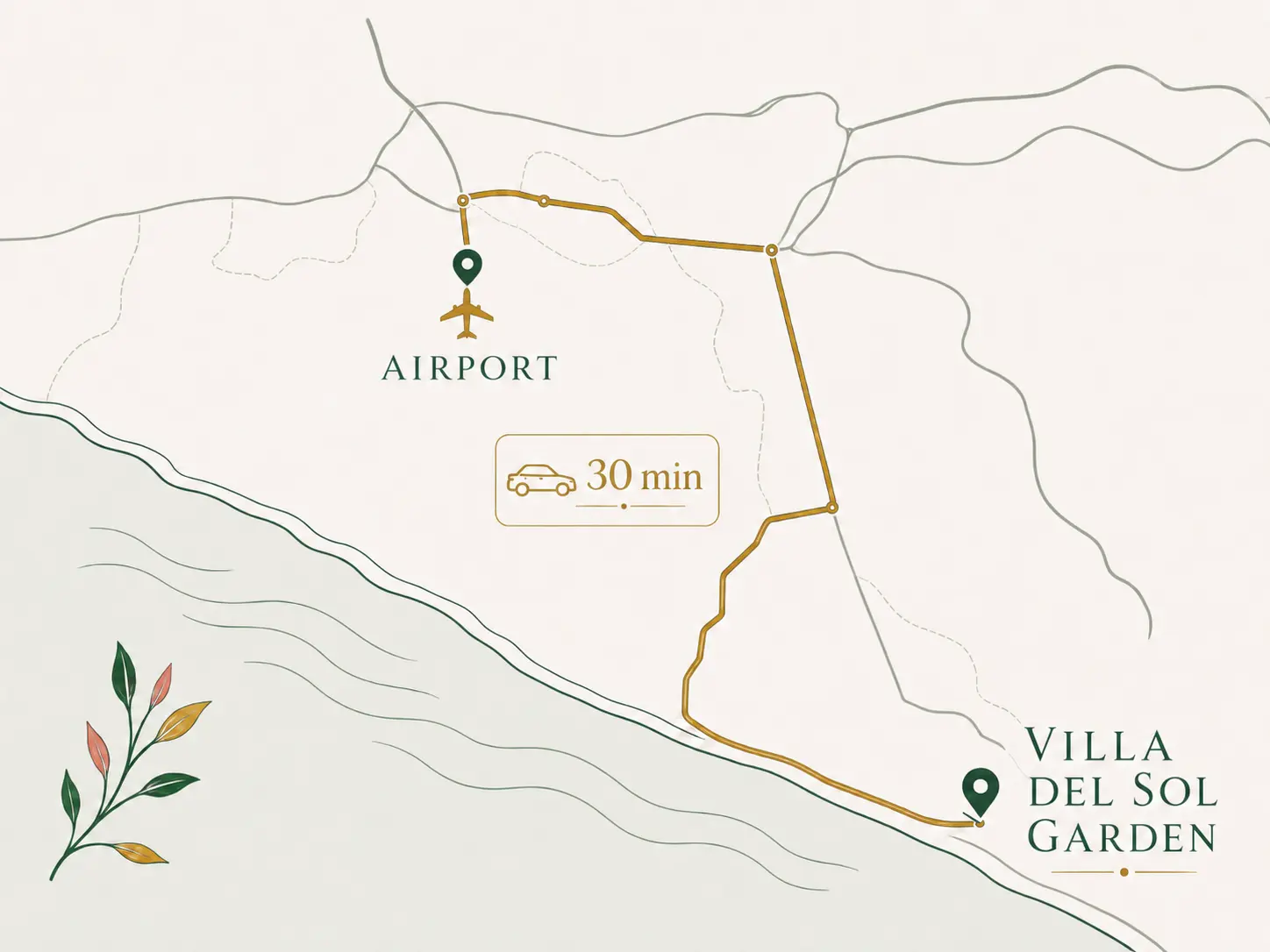 Illustrated map of the 30-minute drive from San Salvador airport (SAL) to Villa del Sol Garden on the Costa del Sol