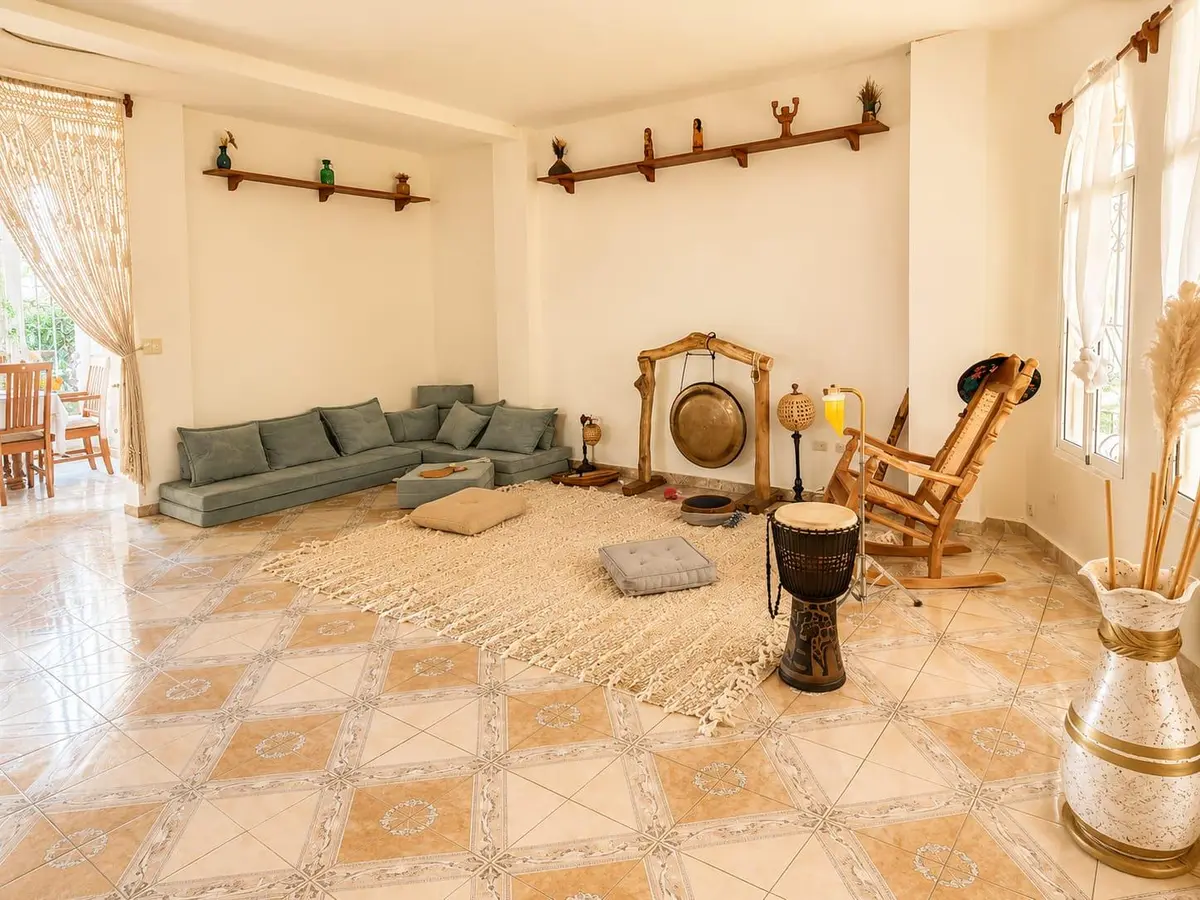 Yoga and gathering space set up for a retreat at Villa del Sol Garden