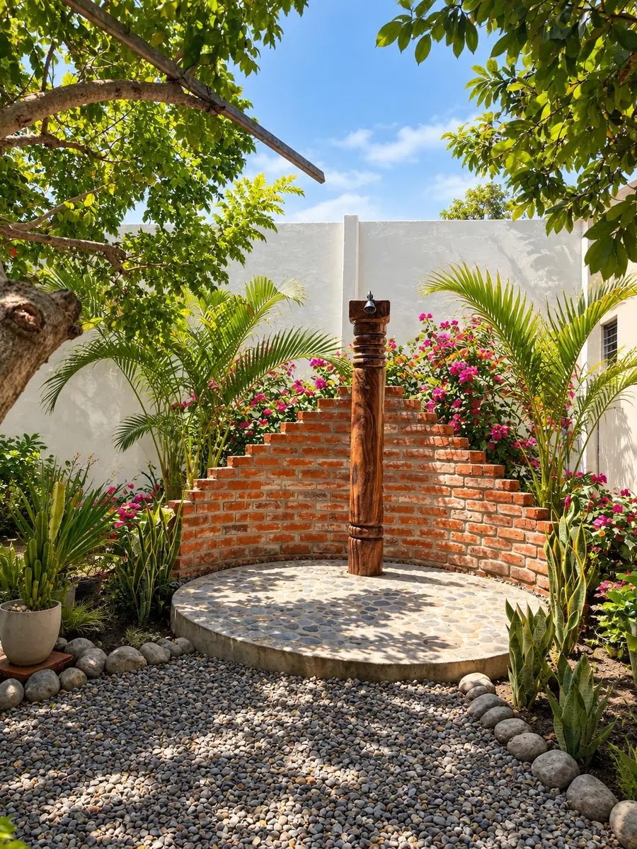 The garden outdoor shower, set on river stones amid brick and bougainvillea at Villa del Sol Garden
